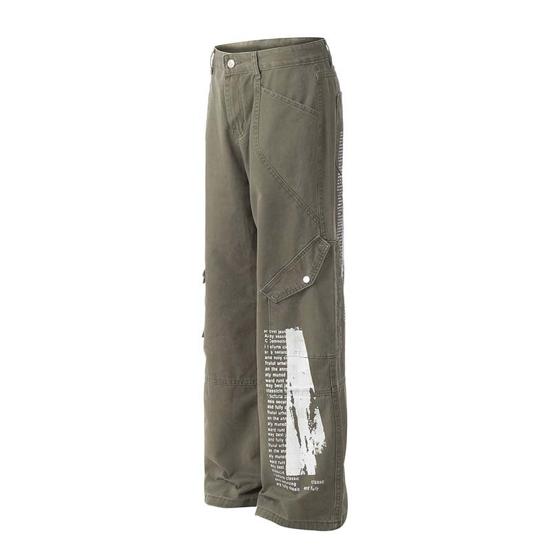 Men's Multi-pocket Letter Printed Straight Jeans Loose Casual Trousers