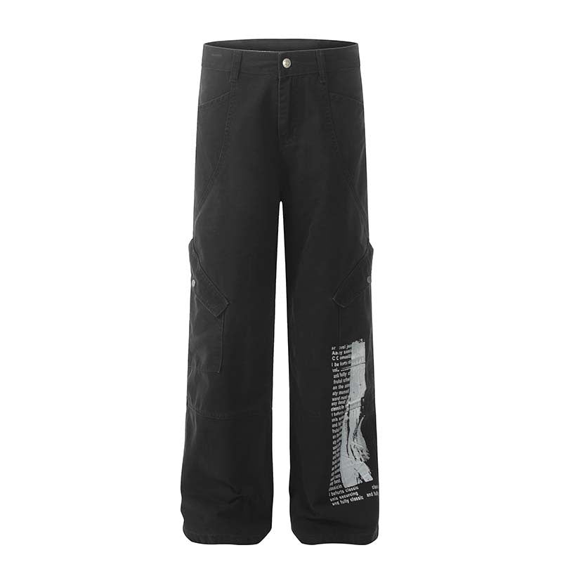 Men's Multi-pocket Letter Printed Straight Jeans Loose Casual Trousers